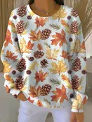 Comfortable Fall Leaf Print Sweatshirt for Women with Round Neck Long Sleeve Pinecone Autumn Pullover Style