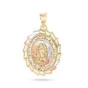 14 Karat Yellow Gold 2 Tone 20mm Diamond Cut Oval Sharp Edge Bezel Guadalupe Clear CZ Pendant