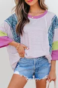 Adult Stripe Floral Raw Edge Patchwork Bracelet Sleeve Top
