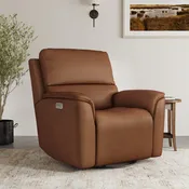 1041-53P5 946-72 Flexsteel Henry Caramel Leather Power Swivel Gliding Recliner with Power Headrest, Lumbar, Heat & Massage