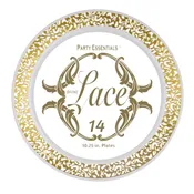 10.25″ LACE PLATES – WHITE W/ GOLD EDGE 14 CT.