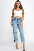 DISTRESSED  HIGH RISE STRETCH MOM JEANS