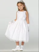 110 Girls White First Communion Dress w/ Embroidered Organza