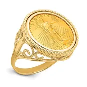 14k Woman's Coin Ring, Your Choice of Canadian Maple Leaf or USA Walking Liberty Coin in white or yellow 14k gold