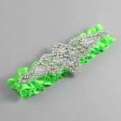 Acid Green Satin Wedding Garter / Solid Green Wedding Garters / Lorine # (556-556)-01-A09-Silver