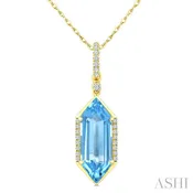 10K Yellow Gold Evoque Blue Topaz Hexagon Shape & Diamond Pendant 18 Inch