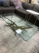 Brutalist Coffee Table w/ Antique Gold Base & Glass Top