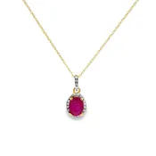 0.10 CTW Diamond & 5x7mm Ruby Halo Pendant Necklace 14K Yellow Gold