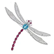 18KW Diamond Ruby and Blue Zircon Dragonfly Brooch