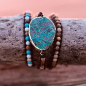 Ladies Leather And Gemstone Wrap Bracelet With Jasper, Turquoise And Agate