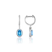 14K White Gold Blue Topaz Diamond Oval Halo Drop Huggie Hoop Earrings
