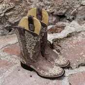 A2663 - WOMEN'S BONE COLOR FLORAL EMBROIDERY SQUARE TOE COWBOY BOOT