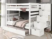 Bedz King Full Over Full Stairway Bunk Bed in White with Full Trundle