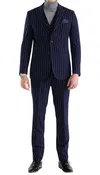 Bellagio Navy White Mens 2 Button Slim Peak Lapel Suit With Pick Stitching Ticket Pocket Double Breasted Vest With Shawl Lapel