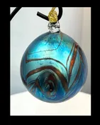 Blue Aurene Ornament with Red Wave Design — Welcome to Santa Barbara Glassblowing Studio