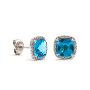 Blue Topaz Cushion Cut Stud Earrings With Diamonds In A Halo 14 K Gold