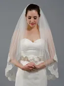 2-tier light ivory elbow alencon lace wedding veil V041