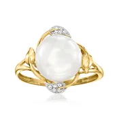 10-10.5mm Cultured Pearl Leaf Ring with Diamonds in 14kt Yellow Gold