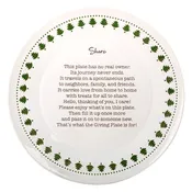 10.5in Rnd White Giving Plate W-Blk Share Sent W-Trees-Dots
