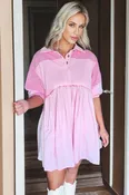 Pink Colorblock Half Sleeve Mixed Material Collared Shirt Dress with Pockets
