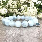 10mm Natural Aquamarine Beaded Bracelet with Sterling Silver March Birthstone Aqua CZ Charm Pendant Healing Crystal Elastic Bracelet