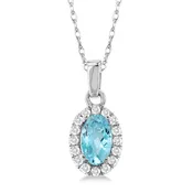 10Kt White Gold 5x3mm Oval Aquamarine & 0.07cttw Diamond Halo Birthstone Pendant