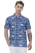 4th of July USA Map Flag and Turtle Printed Linen Effect Shirt For Men Navy Blue P00428