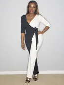 Cassie Black White Color Block Long Sleeve Wrap Style Deep V-Neck Stretch Fit Jumpsuit