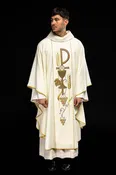 Chasuble embroidered with IHS Chalice pattern in ecru