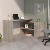 Antlia L-Shaped Writing Desk, Two Shelves, Single Door Cabinet
