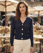 Midnight Navy Translucent Knit Silver-Button Cardigan B-730