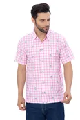 Allover Swordfish and Pink Checks Printed White Rayon Men's Shirt P00352