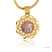 14KT Tri-Tone Gold Quinceañera Sweet 15 Pendant Charm