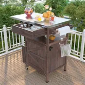 Arezzo 41" Solid Wood Outdoor Rolling Kitchen Cart with Steel Top and Drop Leaf