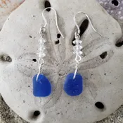 Austrian Crystals and Cobalt Blue Sea Glass Drop Earrings