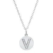 14K White Gold Round Disc Initial V Pendant