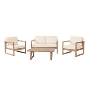 4 Pieces Acacia Wood Patio Furniture Set, Outdoor Furniture With Coffee Table, Patio Conversation Set Deep Seating With Soft Cushion, Porch Chairs For Backyard Porch Balcony - Brown Wash / Beige