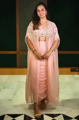 Baby Pink Silk Sequin Cutdana Crop Top Draped Skirt Set with Cape Jacket
