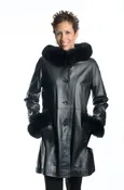 Black 35″ Lamb Nappa Leather Shaped Parka Stroller with Black Fox Trim on Hood and Cuffs
