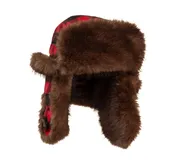 Mad Bomber Buffalo Plaid Wool Bomber Hat w/brown faux fur