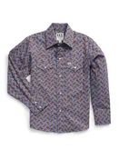 Boy's Ely Cattleman Long Sleeve Cowboy Print Snap Shirt- Denim Blue