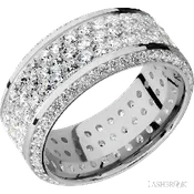 10 mm wide/High Bevel/14K White Gold band with a Bevel Eternity arrangement of .01 carat Round Diamond stones in a Bead setting and featuring a a 3 Row Eternity arrangement of .03 carat Round Diamond stones in a Bead Channel setting