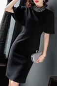 Black Flattering Short Sleeve Beaded Dress