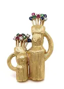 18K Gold Double Golf Bag Brooch with Multicolored Gemstones
