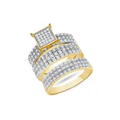 1.00 CT. T.W. Ladies & Gents Trio Set Square Cluster Center & Multi-Sides Diamond Wedding Sets