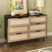 6-Drawer Rattan-Front Dresser – Wood Color / Black
