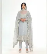 Abhinav Mishra Blue kurta and churidar set with organza dupatta