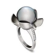Southern Magnolia Tahitian Cultured Pearl and Diamond Ring 18KW