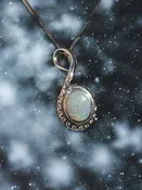 Aurora Borealis Australian White Opal Swirl pendant with diamonds in 14Kwhite gold, 18" chain
