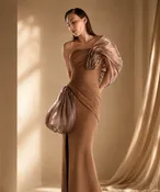 MNM Couture G2106 – Asymmetric Sheath Evening Gown with Pleated Bodice